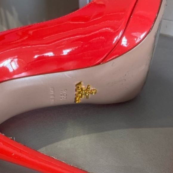 Prada Red Patent Peep-Toe Pumps - Picture 6 of 9